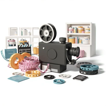 A vintage film camera, with a black body and silver accents, is positioned prominently in the foreground. Surrounding the camera are several film reels, varying in size, with vibrant film strips coiling around them. Clapperboards, featuring classic black and white colors, are scattered around the camera, displaying various production notes. In the background, there are shelves filled with more film-related equipment, casting subtle shadows across the studio floor. The lighting is warm, accentuating the textures of the camera and the reels, creating a nostalgic atmosphere of a bustling production studio.