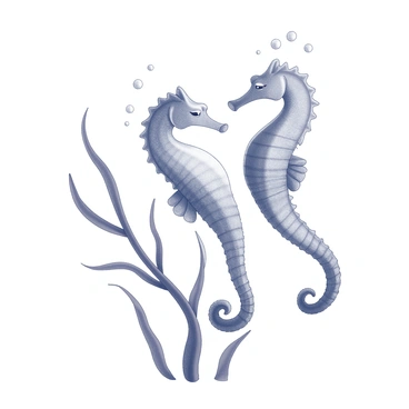 A pair of seahorses are intertwined around a slender stalk of seaweed. Each seahorse has distinct features, with curled tails and elongated snouts, showcasing fine details of their textured bodies. The seaweed stands upright in the water, with flowing strands creating a natural backdrop for the seahorses. Bubbles rise gently around them, adding a sense of movement to the scene. The overall composition captures the delicate interaction between the seahorses and their environment.
