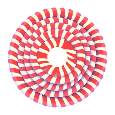 A multitude of red and white peppermint candies is arranged in a spiral pattern. The candies are shiny and glossy, showcasing their vibrant colors. Each peppermint is circular, with alternating red and white stripes. The candies are positioned closely together, creating a thick, three-dimensional effect as they swirl around the center. The background is a soft gradient that complements the colors of the candies, enhancing their visual appeal. The entire composition draws the eye toward the center of the spiral, emphasizing the playful arrangement.