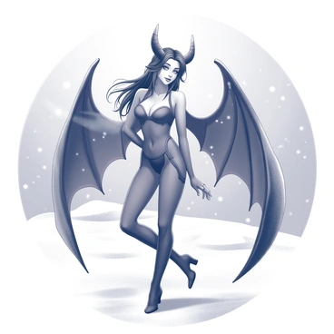 A succubus stands in a snow-covered landscape. She has dark, flowing hair cascading down her back, and her wings are partially unfurled, revealing intricate details in their design. The succubus is dressed in a form-fitting outfit that contrasts with the white snow surrounding her. Her eyes are captivating, drawing attention, and her expression is both alluring and confident. Wisps of her breath are visible in the cold air, creating a soft mist around her face. The ground is blanketed in fresh snow, with snowflakes gently falling from a muted sky.
