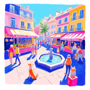 A bustling market square is filled with various stalls selling fresh fruits and vegetables. Colorful awnings and signs adorn each stall, displaying goods like "bananas," "oranges," and "carrots." In the center, a fountain with gently flowing water adds life to the scene. People are moving around, some carrying shopping bags, while others are engaged in lively conversations. A dog is sitting near a stall, looking up at its owner. In the background, there are trees and a bright blue sky, giving a cheerful atmosphere to the market.