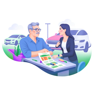 A modern pastel illustration showing a customer and a salesperson engaged in conversation at a car dealership table. The customer is a middle-aged man wearing a blue shirt and glasses, with a thoughtful expression as he listens. The salesperson, a young woman in a smart black blazer, is pointing at a car price sheet on the table. Surrounding them are colorful brochures and a small potted plant. In the background, several cars are visible, showcasing different models and colors, enhancing the dealership atmosphere.