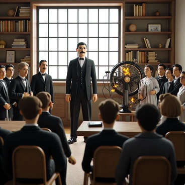 A historical scene featuring Nikola Tesla, a tall man with dark hair and a mustache, dressed in a formal 19th-century suit with a waistcoat and bow tie. He stands confidently in a laboratory filled with various electrical equipment and wires. Tesla is beside a large, intricate AC generator that is sparking with electricity, drawing the attention of an audience. The audience consists of diverse individuals, including men in suits and women in long dresses, all showing expressions of astonishment and curiosity. The walls of the laboratory are lined with bookshelves filled with scientific books and papers. A large window in the background allows natural light to illuminate the scene, highlighting the notable figures and equipment.