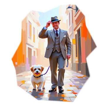 A gentleman wearing a classic tweed suit is tipping his hat with a courteous gesture. He has neatly combed hair and a friendly expression. Beside him, a small dog with a fluffy coat is happily trotting along. The scene is set on a charming cobblestone street, with a mix of old brick buildings in the background and a few scattered autumn leaves on the ground. The light captures the textures of the tweed and the shine of the gentleman's shoes, while the dog's leash adds a touch of movement to the composition.