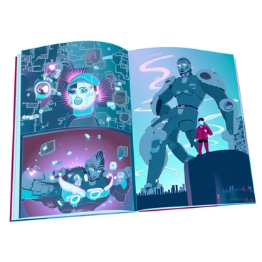 A dynamic page from a graphic novel illustrating a series of action-packed scenes. The first scene shows a determined hero with short, spiky hair and a leather jacket, running through a dystopian cityscape filled with crumbling buildings and flickering neon lights. The second scene captures a fierce battle between the hero and a towering robotic enemy, with sparks flying and debris scattering in the air. The third scene features the hero standing atop a ruined building, overlooking a dark, chaotic landscape, with a stormy sky swirling above. The entire page is filled with intense expressions and dramatic angles, conveying a sense of urgency and energy.