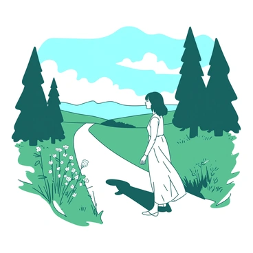A white silhouette of a woman stands on a narrow country path, gazing thoughtfully towards the distant horizon. She has dark hair styled simply and wears a long, flowing dress that billows gently in the breeze. The path is bordered by lush green grass and wildflowers, while tall trees frame the scene in the background. The sky above is painted with soft shades of blue and white, enhancing the tranquil atmosphere as she contemplates the vastness before her.