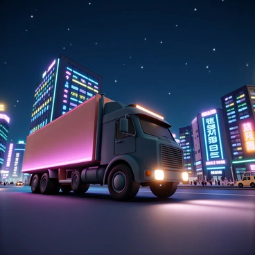 A large truck, painted in dark colors, adorned with vibrant "neon lights" illuminating its exterior. The truck is in motion, with its headlights casting beams of light in front. Surrounding the truck, a bustling cityscape at night, featuring tall buildings with "neon signs" and a variety of colors reflecting off the glass windows. The streets are filled with diverse vehicles and pedestrians, creating a lively atmosphere. The sky is deep blue, speckled with "stars," enhancing the nighttime urban scene.