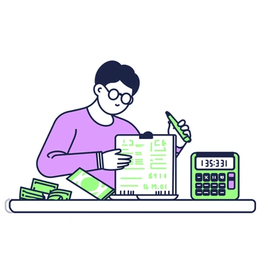 A person is sitting at a wooden table, focused on budgeting with a notepad. The notepad is open in front of them, filled with handwritten notes and calculations. Surrounding the notepad are scattered bills in varying sizes, some folded and others flat. A digital calculator is positioned to the right of the notepad, its screen displaying numbers. The person, wearing glasses, is holding a pen in one hand while the other hand rests on the edge of the table. The scene conveys a sense of concentration and organization amidst the financial paperwork.