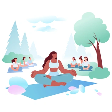 A person in comfortable, loose clothing is sitting cross-legged on a yoga mat in a park. They have both hands resting on their knees, palms facing up, and are surrounded by lush greenery. In the background, there are tall trees providing dappled sunlight, and a gentle breeze is causing leaves to rustle. Nearby, a few individuals are also sitting peacefully, following the guidance. A soft glow of pastel colors illuminates the scene, creating an atmosphere of calm and tranquility.