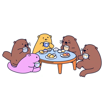 Several otters are gathered around a small wooden table. Each otter is holding a tiny teacup. The teacups are colorful, with patterns of flowers and stripes. On the table, there are various pastries displayed on small plates, including miniature cupcakes and tiny croissants. The otters are sitting in a relaxed manner, some leaning over the table while others appear to be engaged in conversation. The setting is cheerful, with a light blue tablecloth under the teacups and pastries.