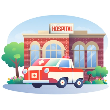 A classic vintage ambulance from the 1950s is parked in front of an old hospital building. The ambulance is painted in bright red and white colors, with chrome accents and the emblem of a medical cross displayed prominently on the side. Its rounded edges and retro design evoke a sense of nostalgia. The old hospital features a brick facade with large arched windows and a weathered sign above the entrance that reads "HOSPITAL." Surrounding the scene are well-tended flower beds with colorful blooms and a few leafy trees casting dappled shadows on the ground. A clear blue sky fills the background, adding to the overall atmosphere of the image.