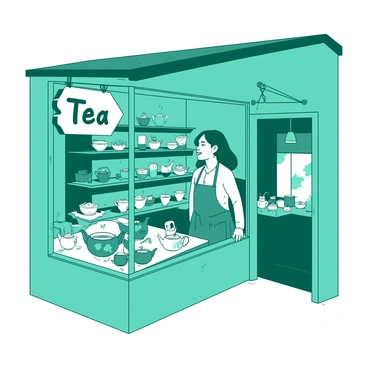 A teal teashop with a rustic wooden sign hanging by the entrance, displaying the word "Tea" in elegant script. Inside, there are several shelves filled with mismatched teacups in various patterns and colors, arranged artfully. On a central table, a collection of curious teapots sits, each shaped uniquely, some with floral designs and others with whimsical characters. The friendly proprietor stands behind the counter, wearing an apron, with a warm smile as they greet a customer. Soft light filters through the window, illuminating the cozy atmosphere of the teashop.