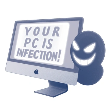 A computer screen displaying a glaring message that reads "Your PC is infected!" in bold letters. The screen has a glowing effect, emphasizing the alarming notification. In the background, there is a shadowy figure with a wide grin, partially obscured, suggesting a sense of menace or mischief. The figure's features are indistinct, adding to the tension of the scene, while the focus remains on the computer screen and the warning message.