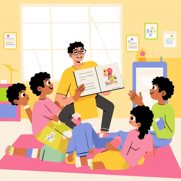 A teacher with glasses and a warm smile is sitting in a colorful classroom, holding an illustrated storybook open. The classroom has bright decorations and educational posters on the walls. A group of children is gathered around, sitting on a colorful rug. One child with curly hair is energetically gesturing with their hands, illustrating the story. The other children have wide eyes and attentive expressions, eagerly listening to the teacher's words. Sunlight streams in through the windows, illuminating the scene.