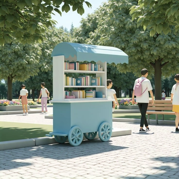 A quaint book cart in a park filled with an assortment of novels and reading materials
