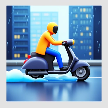A scooter bike speeding through a rainy city with water splashing