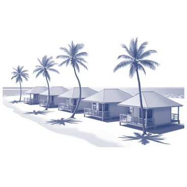 A tropical beach resort scene featuring several bungalows arranged in a row. Each bungalow has a thatched roof and wooden decks, with chairs positioned on the porches. Tall palm trees sway gently in the foreground, their fronds casting patterned shadows on the sand. The ocean is visible in the background, with gentle waves lapping at the shore. The sky above is clear, allowing bright sunlight to illuminate the scene and create a warm, inviting atmosphere.
