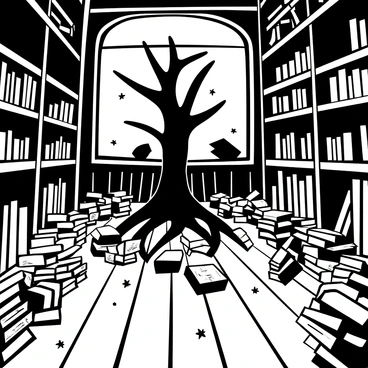 A dusty, abandoned library filled with stacks of books scattered haphazardly across the wooden floor. Shelves line the walls, many of them partially empty, while some books lay open, pages fluttering as if caught by a breeze. In the center of the library, a large tree grows, its branches reaching upward, with roots visibly spreading over the floor and intertwining with the books. Dust particles are caught in the beams of light coming from broken windows, creating an atmosphere of neglect and the passage of time.