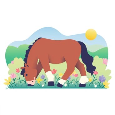 A brown mustang with a flowing mane is grazing peacefully among a vibrant array of wildflowers in a colorful meadow. The flowers include shades of yellow, purple, and pink, creating a rich tapestry across the landscape. The sun shines brightly, illuminating the mustang's coat and highlighting the soft contours of the meadow. In the background, rolling green hills rise gently against a clear blue sky, adding depth to the scene.