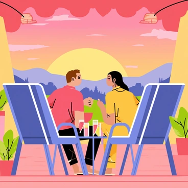 A patio with wooden flooring, adorned with potted plants and two comfortable lounge chairs. In the foreground, a couple is sitting closely together, facing the horizon. The sky is painted in vibrant shades of orange, pink, and purple as the sun sets. The couple consists of a man with short brown hair and a woman with long blonde hair, both dressed casually. The view beyond the patio includes rolling hills and silhouetted trees against the colorful sky. A small table next to them holds two glasses of refreshing drinks.