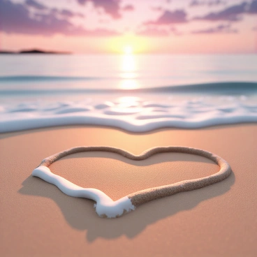 A heart shape drawn in the soft, golden sand on a beach. The sand has fine grains, and the heart's edges are smooth and slightly irregular, indicating it was made by hand. The waves gently lap at the edges of the heart, with some foam trailing over it. In the background, the sun is setting on the horizon, casting vibrant hues of orange, pink, and purple across the sky, which reflects subtly on the calm surface of the water. The beach is peaceful, with no people in sight, enhancing the tranquil atmosphere of the scene.