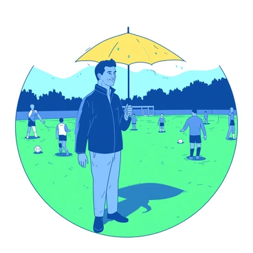 A blue Ted Lasso is standing on a green, rain-soaked soccer pitch, holding a yellow umbrella above his head. He is dressed in a navy jacket and khaki trousers, with a slight smile on his face as he observes his team practicing in the background. Raindrops are visibly falling around him, creating small splashes on the grass. His team's players are scattered across the field, engaged in various drills, their jerseys glistening with moisture. The overcast sky looms above, adding to the rainy atmosphere of the scene.