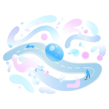 A dendritic cell is positioned in the center of a busy microscopic highway, directing traffic with its extended dendrites. The highway is filled with various types of immune cells, each depicted as vibrant, colorful shapes moving in different directions. The background consists of a gradient of pastel colors, enhancing the cellular environment. Small, floating molecules and signals are visible, indicating communication between the cells. The overall composition captures the dynamic nature of cellular interactions on this microscopic scale.