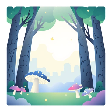 A mystical enchanted forest is filled with tall, slender trees with dark green leaves and intricate bark patterns. The ground is covered with soft moss, and various luminous mushrooms with vivid colors, such as bright blue and soft purple, are scattered throughout the scene. Tiny glowing orbs representing magic particles float gently through the air, creating a sense of wonder. In the background, faint silhouettes of more trees and a faint mist give depth to the forest, while patches of soft light filter through the canopy above.