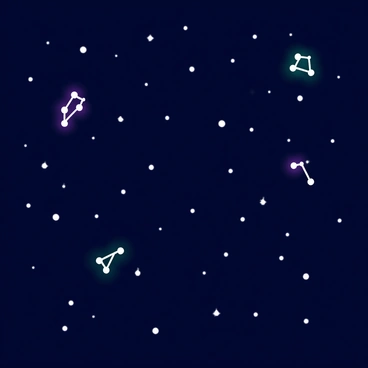 A dark blue night sky filled with numerous stars. Various constellations are clearly visible, each formed by bright points of light. Surrounding some of the constellations are glowing auras in shades of purple and green, adding a sense of mystery. The overall scene captures the vastness of space, with the stars twinkling against the deep backdrop of night.