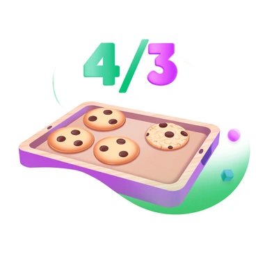 A modern pastel illustration featuring a wooden tray placed on a flat surface. On one side of the tray, there are four chocolate chip cookies arranged neatly, displaying their golden-brown color with chocolate morsels. On the other side, there are three oatmeal cookies with a slightly lighter brown hue, also arranged neatly. Above the tray, the words "4/3" are prominently displayed in bold, playful letters, emphasizing the fraction representation. The background is softly colored with pastel tones to enhance the overall visual appeal.