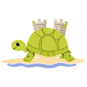 A turtle with a shell resembling an ancient castle