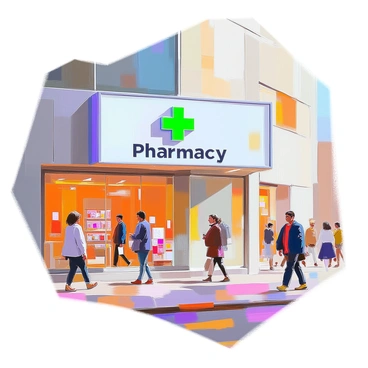 A creative and eye-catching pharmacy sign outside a city building