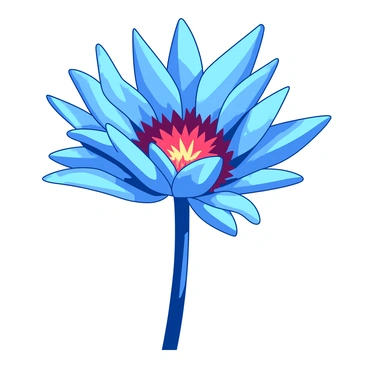 A blue flower has petals that appear to be made of glistening ice, reflecting light in sharp angles. In the center of the flower, a vibrant red core glows with an intense fiery light, contrasting strikingly with the icy petals. The background is softly blurred, emphasizing the intricate details of the icy petals and the radiant core that seem to pulse with energy. The flower stands upright, with each petal delicately shaped and seemingly fragile yet stunningly beautiful.