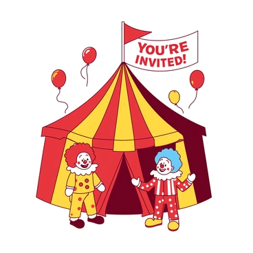 A red and yellow striped tent is set up prominently in the center of the image, with its tall peaks reaching towards the sky. Colorful balloons in various shapes float around the tent. Two clowns stand near the entrance of the tent, one wearing a red wig and a yellow polka dot suit, and the other features a blue wig and a red and white striped outfit. Both clowns are smiling and holding brightly colored toys, while a banner above the tent reads "You're Invited!" in large, playful letters. The scene captures the festive atmosphere of a carnival.
