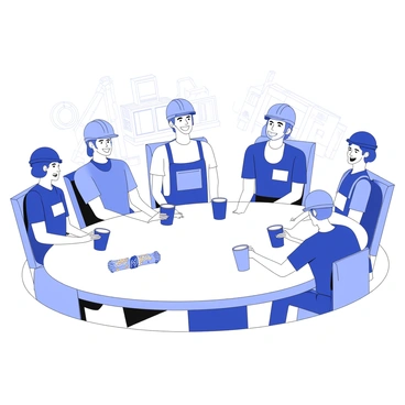A diverse group of factory workers is gathered in a break room. They are sitting around a large table, sharing laughs and smiles. Each worker has a different appearance, showcasing a variety of ethnic backgrounds. Some are wearing safety helmets, while others have on work uniforms with the company logo. On the table, there are snack wrappers and cups, indicating they are enjoying refreshments. The atmosphere is lively, with a hint of camaraderie among the group. In the background, there are industrial elements like machinery and tools, hinting at their workplace environment.