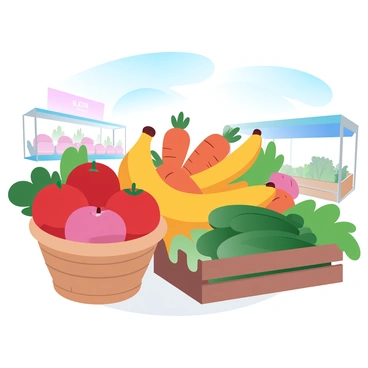 A market stall is filled with a variety of colorful fruits and vegetables arranged in an appealing manner. There are vibrant red tomatoes, rich orange carrots, bright yellow bananas, and deep green cucumbers all displayed prominently. A woven basket holds several plump apples, while a wooden crate is stacked with fresh leafy greens. The background features other market stalls, enhancing the lively atmosphere of the scene. Sunlight filters through, casting warm light on the produce.