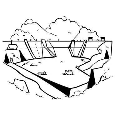 An illustration depicting the "Hoover Dam" in the foreground, showcasing its large concrete structure. In the background, the "Lake Mead" water level is visibly rising and falling, with clear shoreline markings indicating the changes in water levels. Various boats are floating on the water's surface, and some areas of the lake reveal exposed rocks and dry land. The sky above is filled with clouds, creating a dynamic atmosphere around the scene.