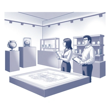 Two curators are positioned in a spacious exhibit room, surrounded by various artifacts displayed on pedestals and tables. One curator, a woman with glasses, is pointing toward an artifact with a thoughtful expression, while the other curator, a man with short hair, is taking notes on a clipboard. The room features high ceilings and spotlights highlighting the artifacts, which include an ancient vase and a historical map. In the background, there are shelves filled with more artifacts waiting to be arranged. The curators are engaged in a discussion about the optimal layout for the exhibit, with a large blueprint of the room laid out on a nearby table.