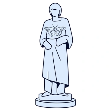 A marble statue with a smooth, polished finish, displaying intricate details. The statue is of a figure standing in a classical pose, with flowing robes and an elegant stance. Subtly etched into the surface of the marble is a detailed design of a death's-head hawkmoth, featuring its distinctive skull-like pattern on the thorax. The moth's wings are spread wide, showcasing delicate veining and texture that contrast against the marble's smoothness. The statue is positioned on a simple pedestal.