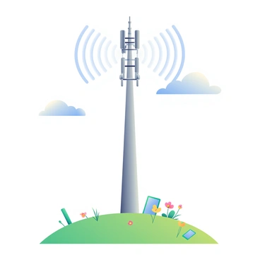 A tall cellular tower stands prominently in the center of a green field. The tower is metallic gray with numerous antennas protruding from its structure. Above the tower, visible waves of electromagnetic radiation are represented as curved lines emanating outward, symbolizing the signals being transmitted. In the background, a clear blue sky stretches above, and a few fluffy white clouds drift lazily by. Scattered throughout the field are patches of wildflowers in various colors, adding vibrancy to the scene. Small electronic devices, such as smartphones and tablets, are depicted in the vicinity, illustrating their connection to the tower.