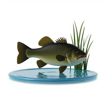 A realistic bass fish with dark green scales and a lighter underbelly, positioned just beneath the surface of a tranquil lake. The water is clear, revealing the fish's streamlined body. The fish has prominent pectoral and dorsal fins extended as it hovers in place. Surrounding the bass are tall, slender reeds swaying gently with the water's movement. The sunlight casts soft reflections on the surface of the lake, creating a serene environment.