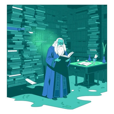 A teal room is filled with towering piles of books that reach the ceiling, creating a complex maze of literature. In the center of this literary labyrinth stands a wise, elderly wizard with a long white beard and half-moon spectacles, known for his kind demeanor. He is wearing a deep blue robe adorned with intricate silver patterns. Dumbledore appears to be carefully examining a large, glowing book in his hands. Dim light filters through the room, casting gentle shadows on the books and illuminating the dust particles floating in the air. There are scattered scrolls and an old, ornate desk covered in inkpots and quills, hinting at a scholarly atmosphere.