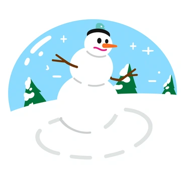A snowman with a scowl on its face is standing in a snowy landscape. The snowman has a round body made of three large snowballs stacked on top of each other. Its eyes are made of coal, and its scowling mouth is fashioned from a twig. The snowman has a carrot for a nose and is standing with its arms akimbo, which are also made of twigs. The background features a blanket of white snow, with gently falling snowflakes and a few distant evergreen trees covered in snow.