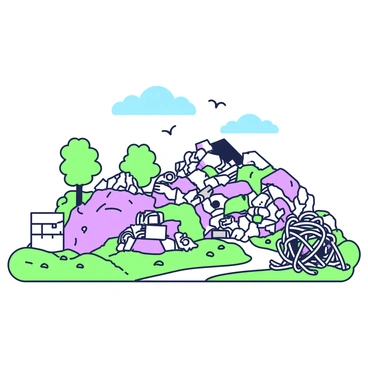 A vast landfill stretches across the horizon, filled with heaps of discarded materials. Piles of plastic waste and broken appliances are scattered throughout the landscape. To the left, there are large cardboard boxes, while on the right, a tangle of tangled wires and metal scraps can be seen. In the background, a few trees are partially obscured by the towering mounds of refuse. A blue sky looms overhead, and birds can be seen circling above the landfill. The ground is uneven, with small dirt paths winding through the waste.