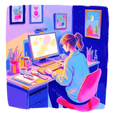 An artist working late at a computer, illuminated by the glow of the screen