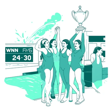 A group of six female water polo players are standing together by the edge of the pool, all displaying broad smiles. Each player is wearing a distinctive teal swimsuit, and their hair is slicked back, showcasing their athletic build. The players are holding a large, white trophy high above their heads with both hands, celebrating their victory. In the background, there are water splashes captured in the air, and a scoreboard shows a winning score. The atmosphere is filled with excitement and pride.