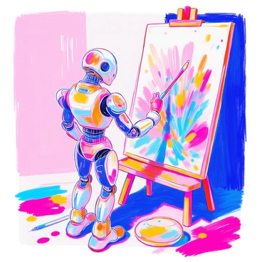 A robot with a sleek metallic body and gleaming surfaces is standing in front of a large blank canvas. Its fingers resemble paintbrushes of various sizes, each tipped with vibrant colors. The robot is positioned at an angle, with its arm extended forward, showcasing intricate details in the brush tips. The canvas is filled with a burst of hues, as the robot creates a digital masterpiece. The surrounding area includes an easel and splashes of paint on the floor, adding to the creative atmosphere.
