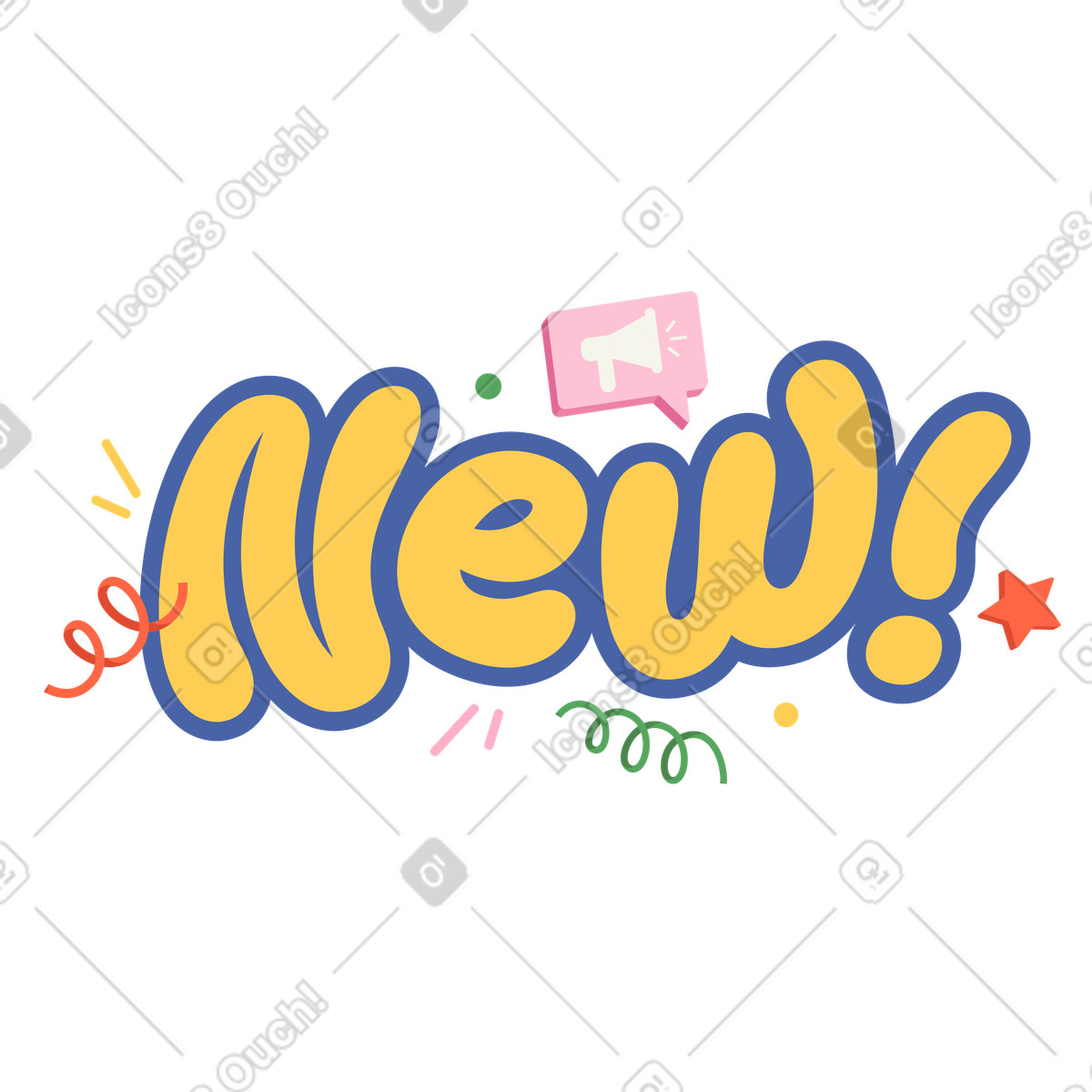 Ilustración Letras nuevas con letrero de megáfono y texto decorativo. en estilo Social a descargar en PNG SVG