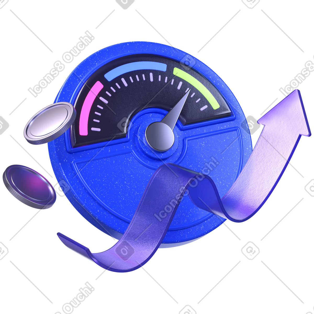 Gauge and coins with upward trend, business performance tracking, financial growth analytics illustration in 3D Boost style download in PNG, SVG
