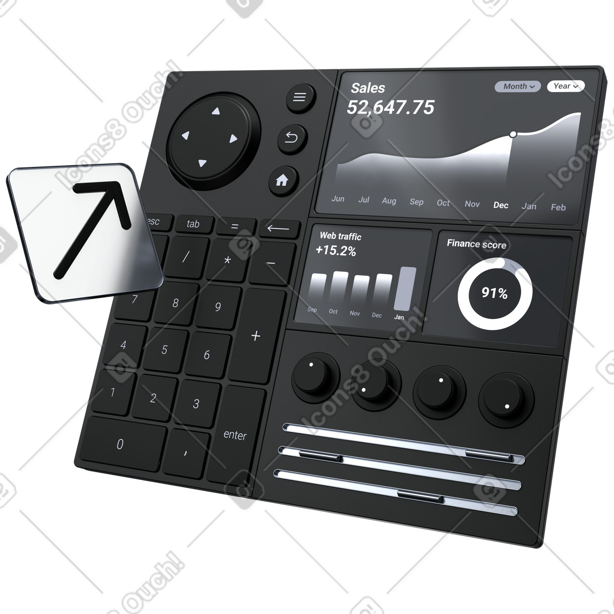 Sales analytics dashboard interface, revenue reporting and KPI monitoring illustration in 3D Pro style download in PNG, SVG